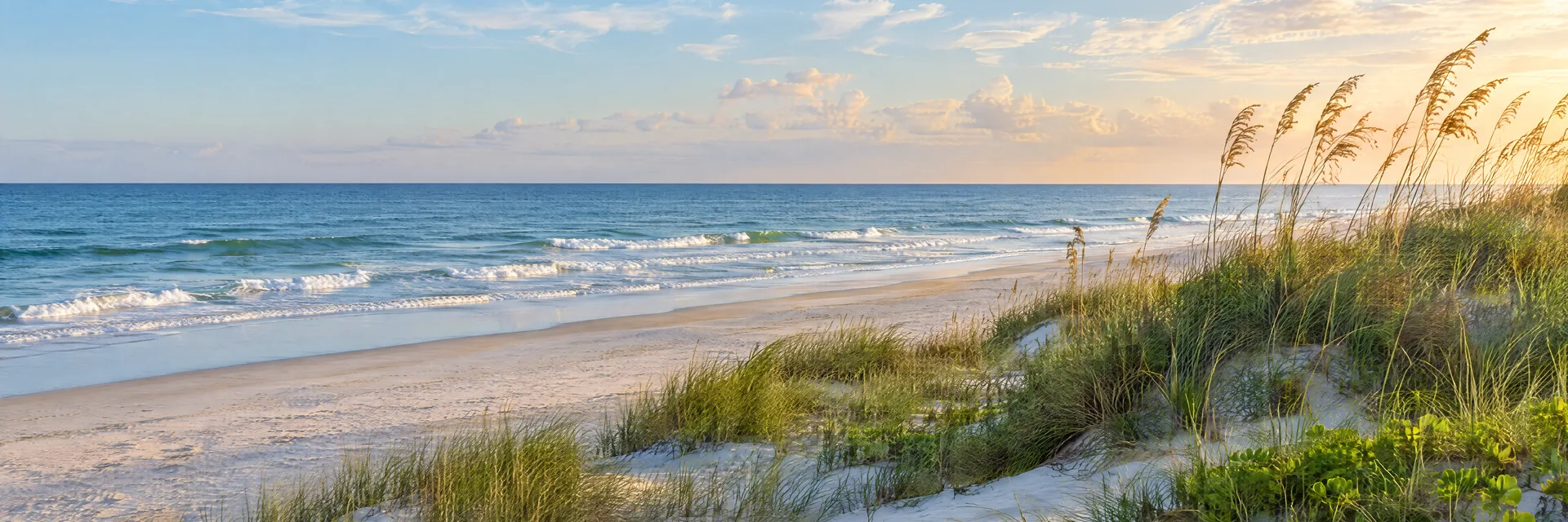 Illustration inspired by Sunset Beach, NC: north Carolina Atlantic barrier island sandy shore, native dune grass and gentle surf.