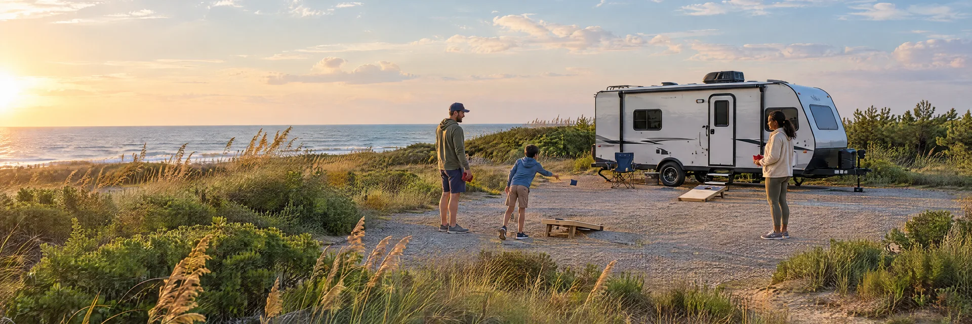 Illustration of campers enjoying family campsite activities beside a compact travel trailer in a fictional camping setting inspired by Surf City, NC.