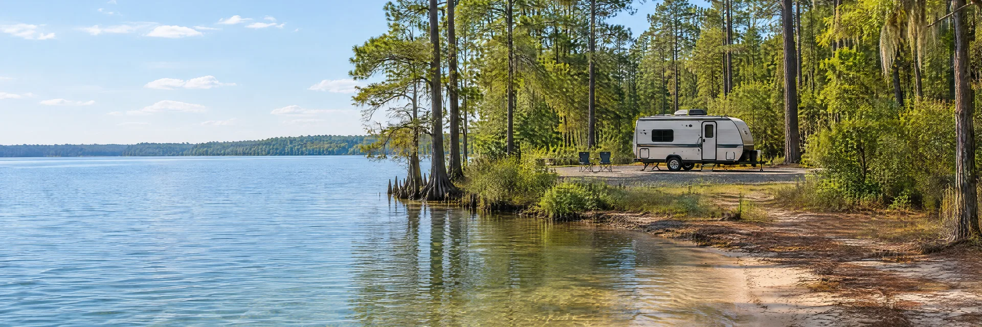 Illustration of a compact travel trailer at a fictional camping setting inspired by White Lake, NC.