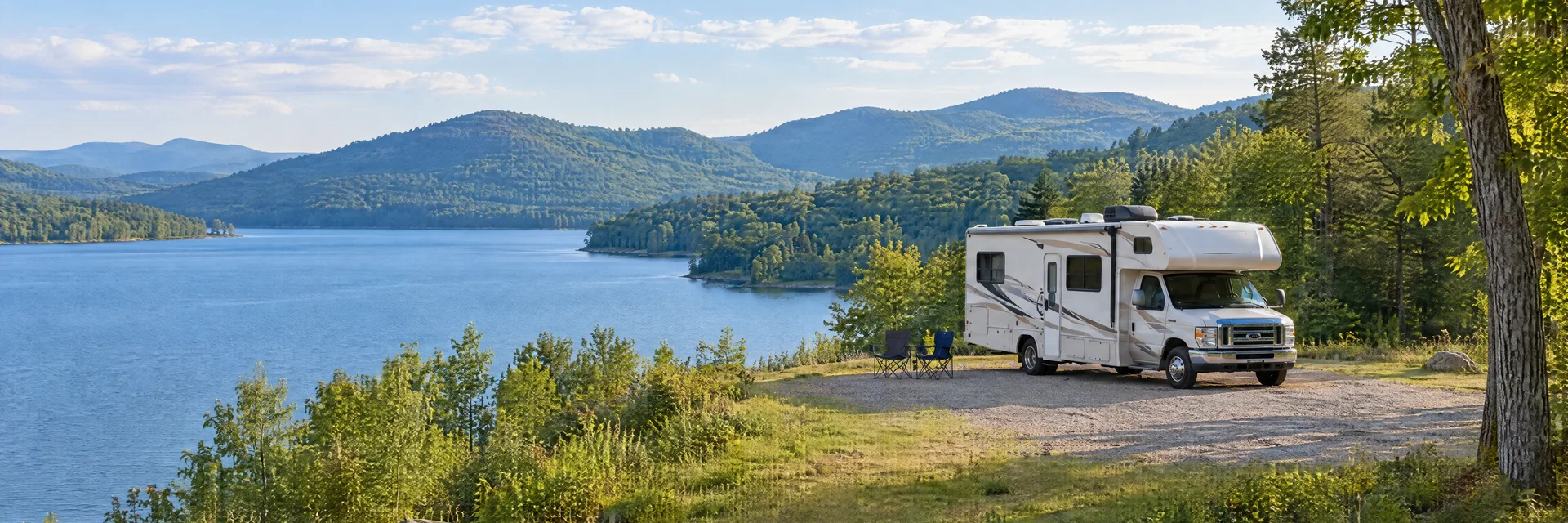 Illustration of a Class C motorhome at a fictional camping setting inspired by Wilkesboro, NC.