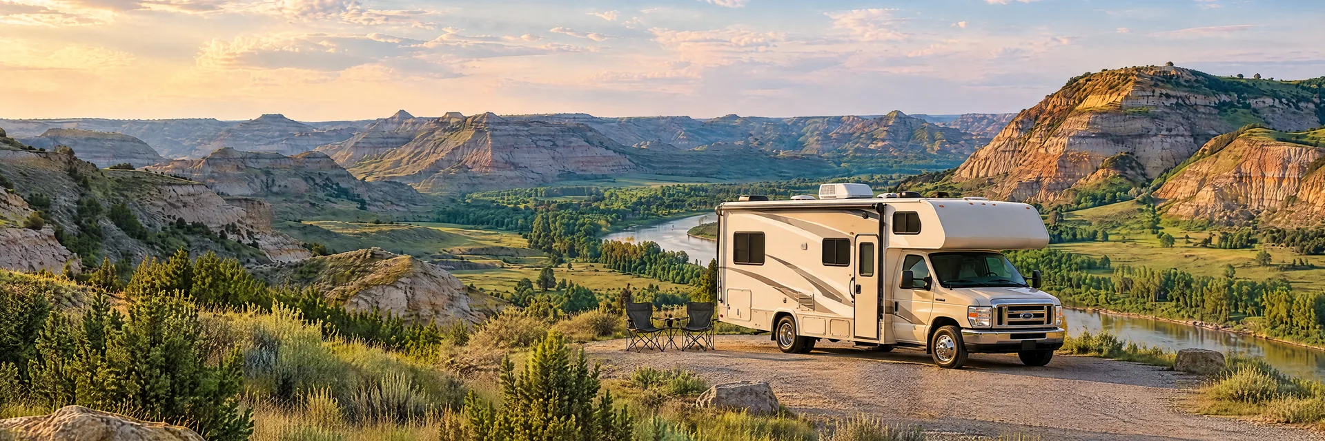 Illustration of a cream Class C motorhome with a modest overcab bunk at a fictional camping setting inspired by Medora, ND.