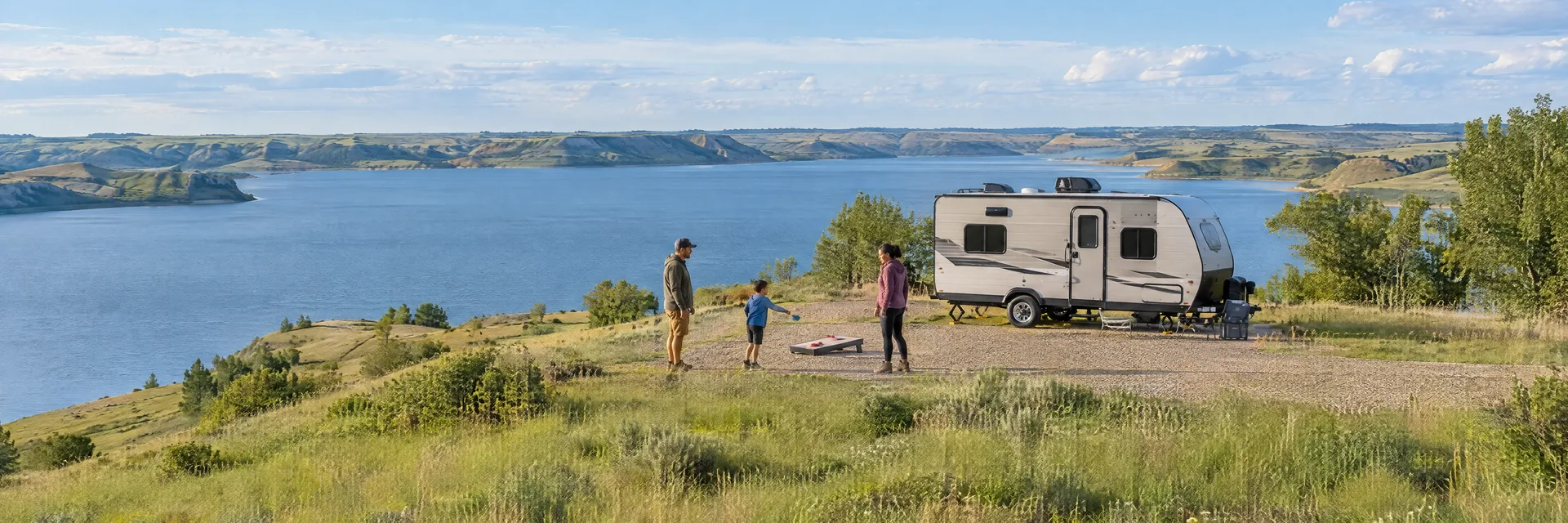 Illustration of campers enjoying family campsite activities beside a compact travel trailer in a fictional camping setting inspired by Riverdale, ND.