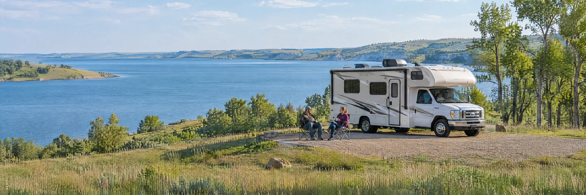 Illustration of campers enjoying morning coffee beside a Class C motorhome in a fictional camping setting inspired by Sibley, ND.