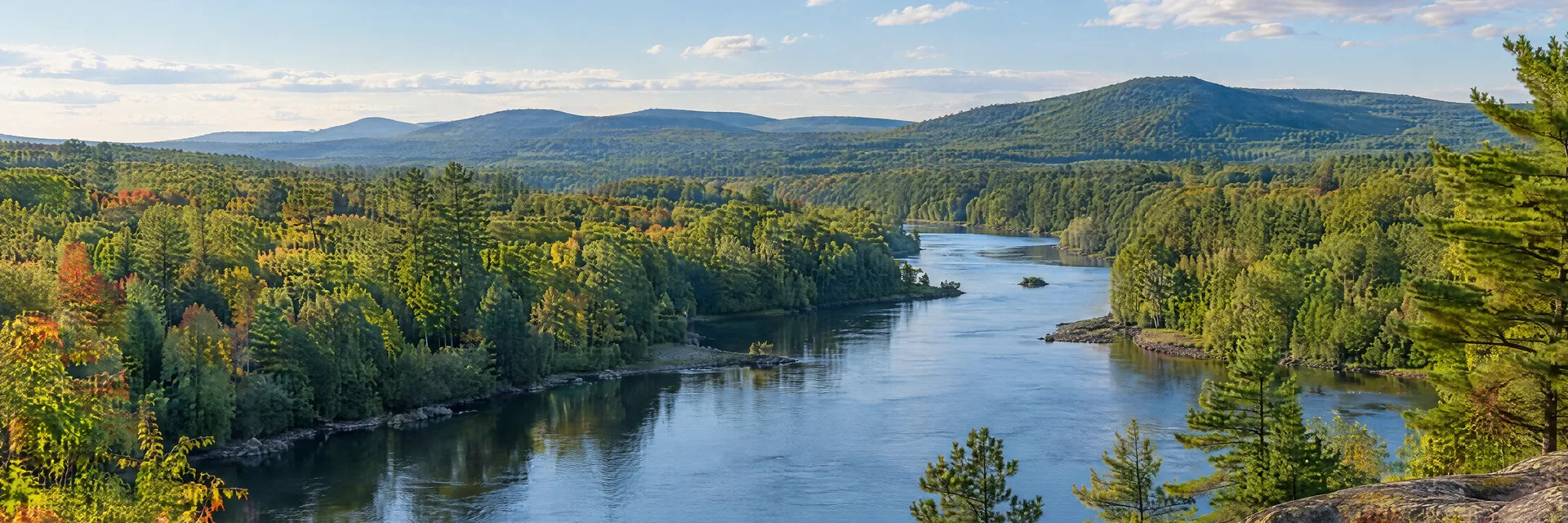 Illustration inspired by Concord, NH: central New Hampshire peaceful river valley with maple and pine woodland and gently rolling hills.