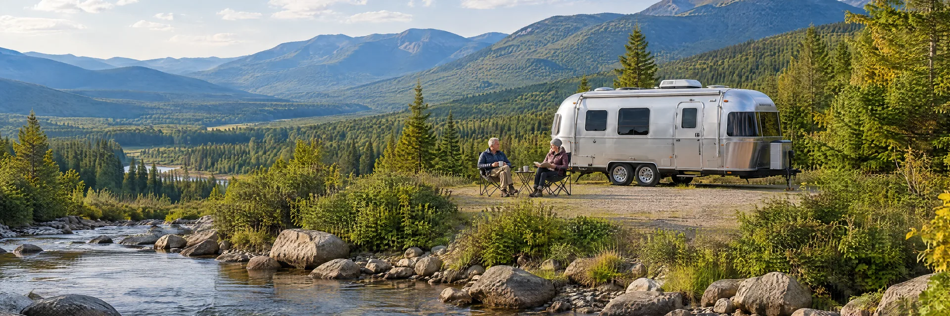 Illustration of campers enjoying relaxing at camp beside a rounded silver travel trailer in a fictional camping setting inspired by Conway, NH.