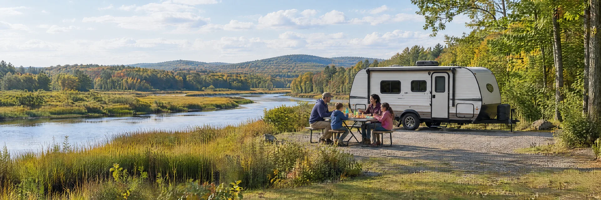 Illustration of campers enjoying a family picnic beside a compact travel trailer in a fictional camping setting inspired by Exeter, NH.