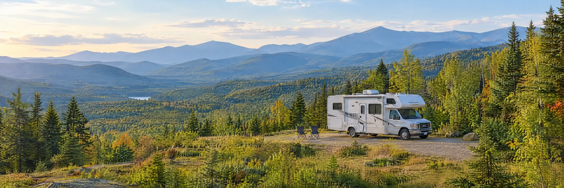 Illustration of a Class C motorhome at a fictional camping setting inspired by Franconia, NH.