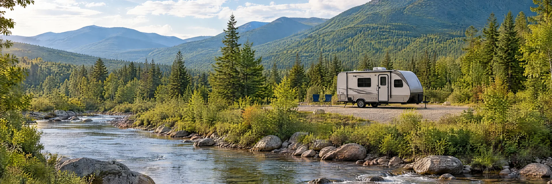 Illustration of a compact travel trailer at a fictional camping setting inspired by Gorham, NH.