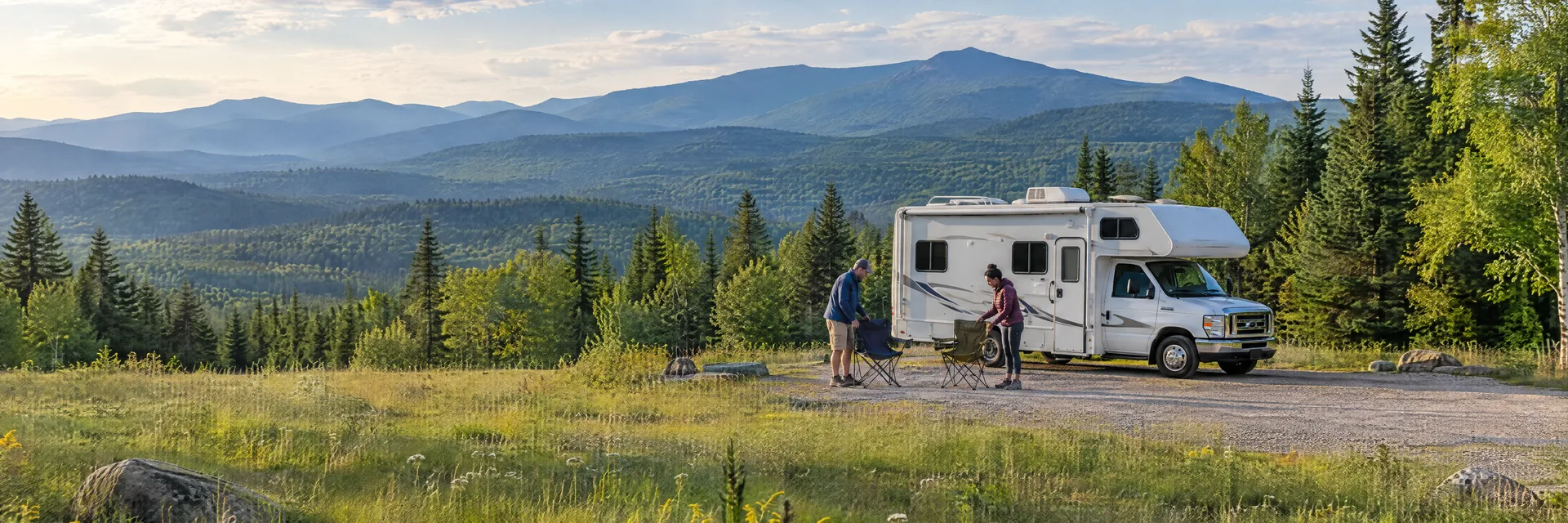 Illustration of campers enjoying setting up camp beside a Class C motorhome in a fictional camping setting inspired by Jefferson, NH.