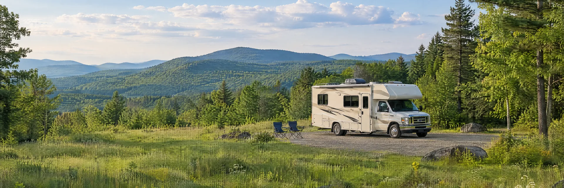 Illustration of a Class C motorhome at a fictional camping setting inspired by Keene, NH.