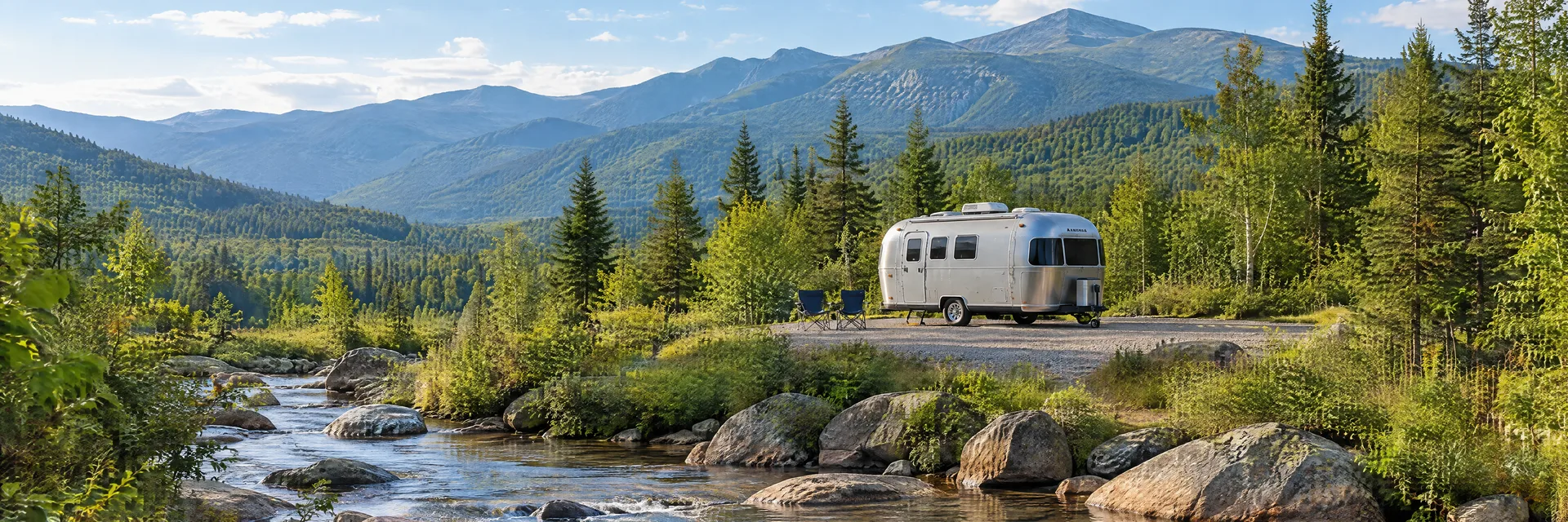 Illustration of a rounded silver travel trailer at a fictional camping setting inspired by Lincoln, NH.