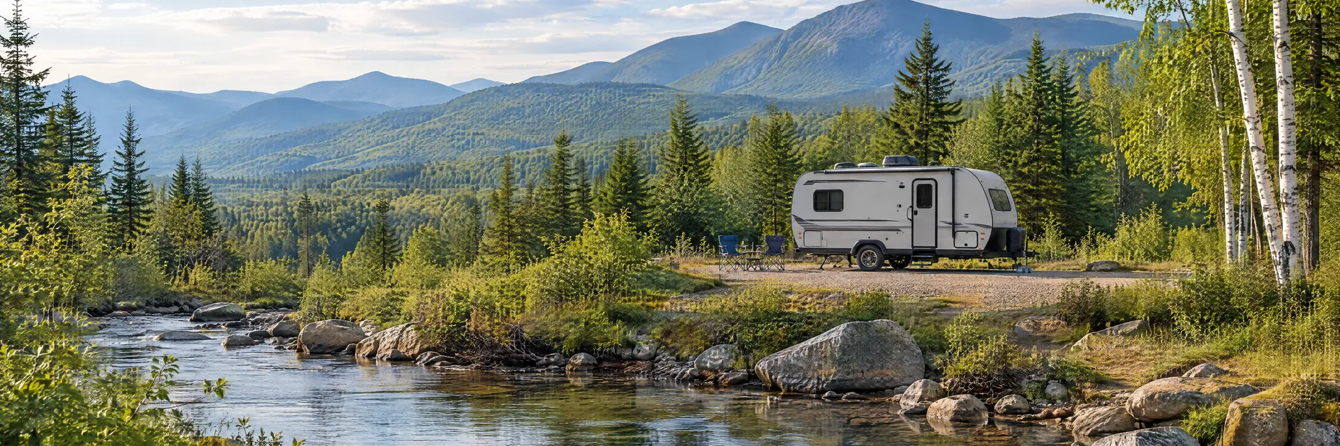 Illustration of a compact travel trailer at a fictional camping setting inspired by North Conway, NH.