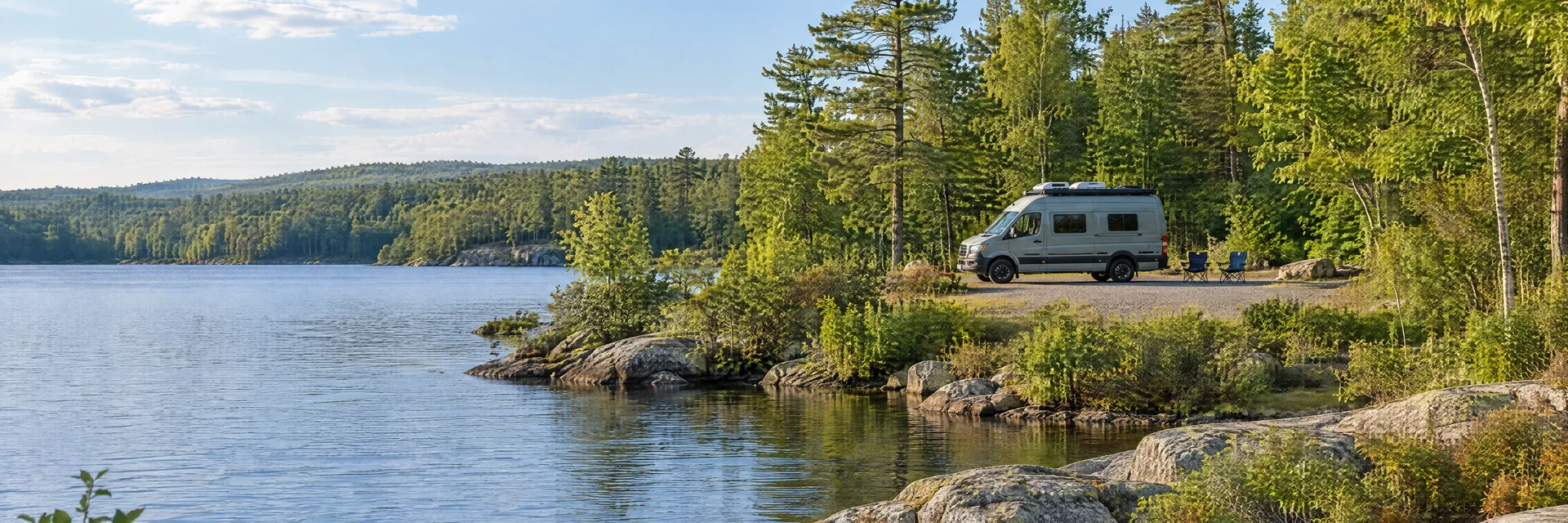 Illustration of a camper van at a fictional camping setting inspired by Nottingham, NH.