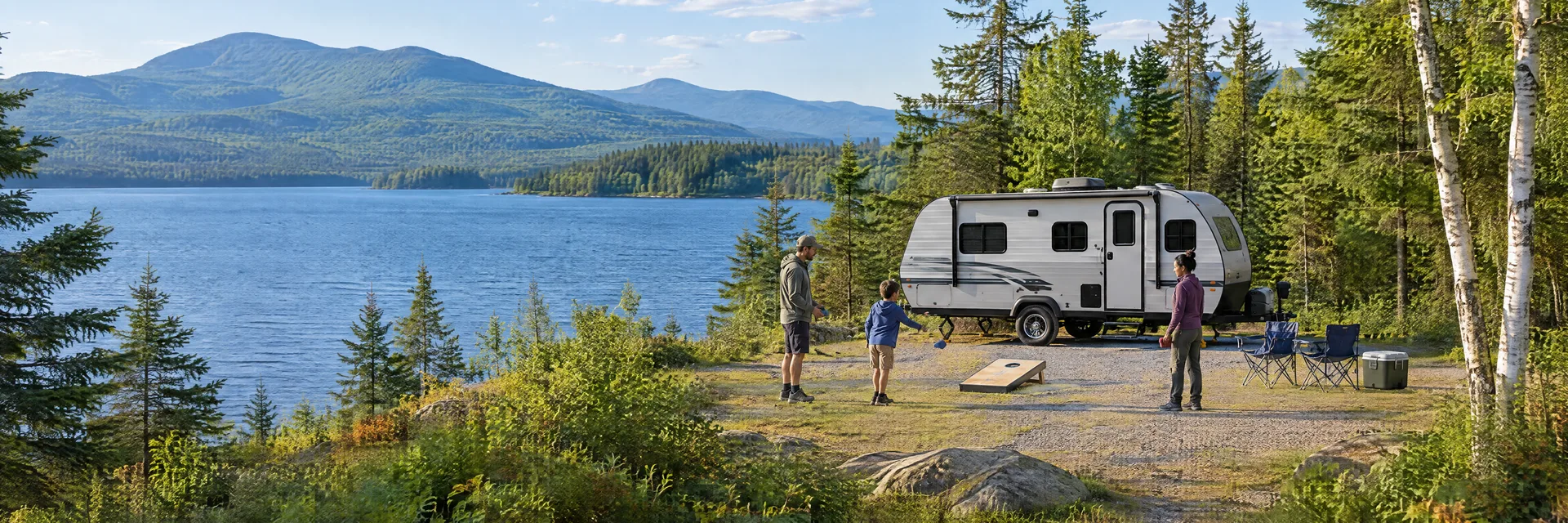 Illustration of campers enjoying family campsite activities beside a compact travel trailer in a fictional camping setting inspired by Pittsburg, NH.