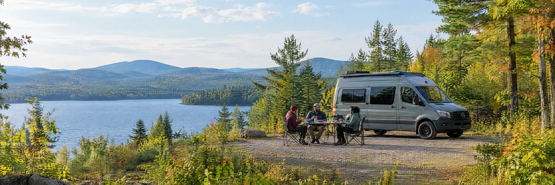 Illustration of campers enjoying an outdoor meal beside a camper van in a fictional camping setting inspired by Strafford, NH.