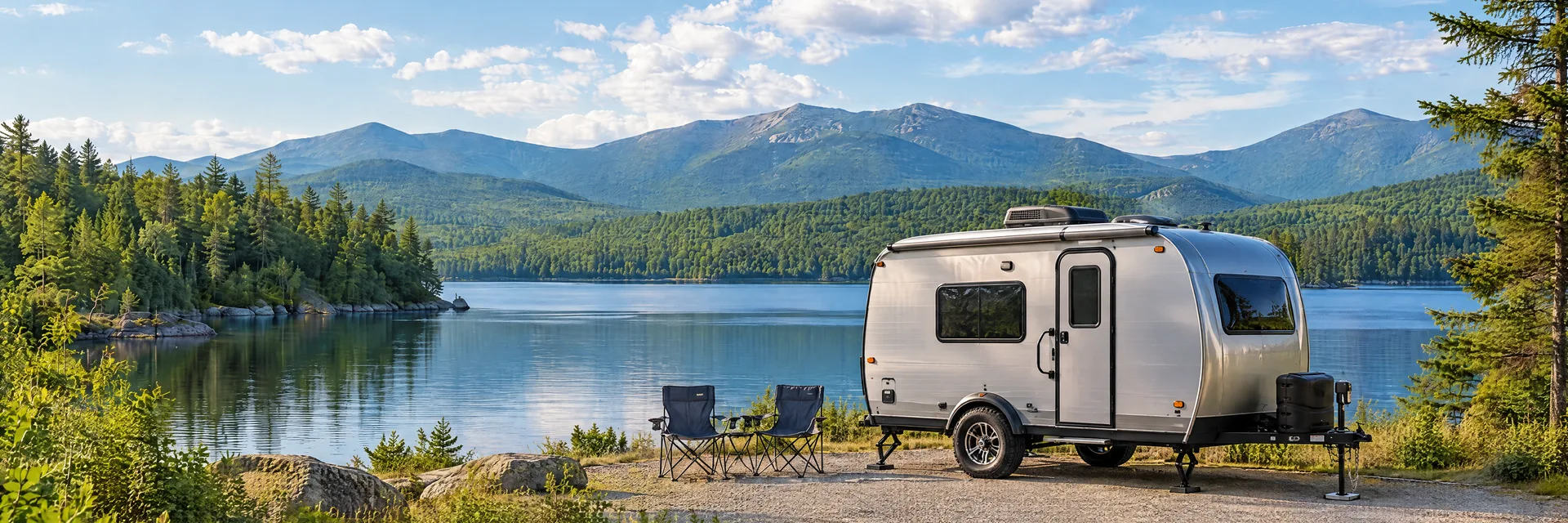 Illustration of a silver compact single-axle travel trailer with visible hitch and stabilizers at a fictional camping setting inspired by Tamworth, NH.