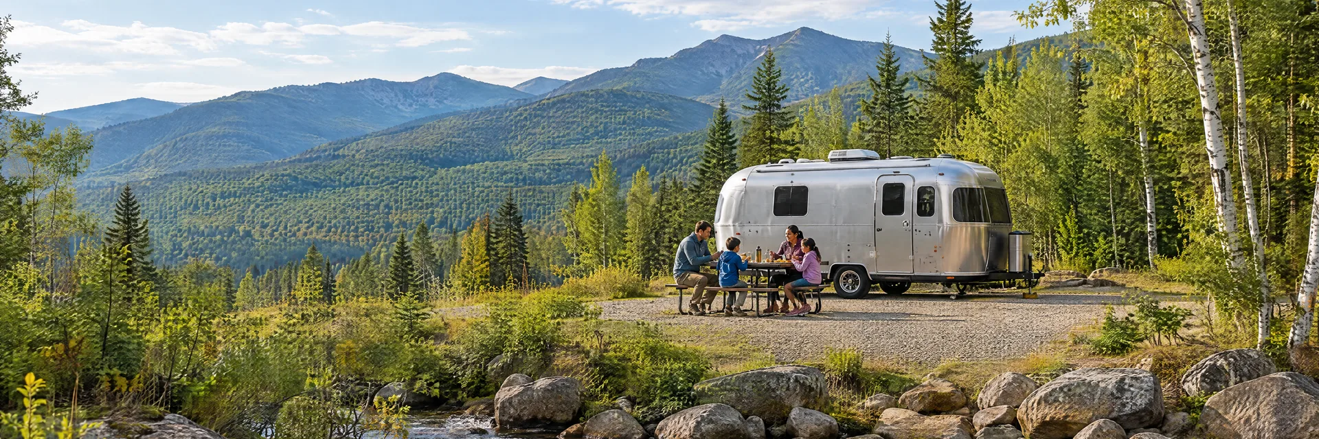 Illustration of campers enjoying a family picnic beside a rounded silver travel trailer in a fictional camping setting inspired by Twin Mountain, NH.