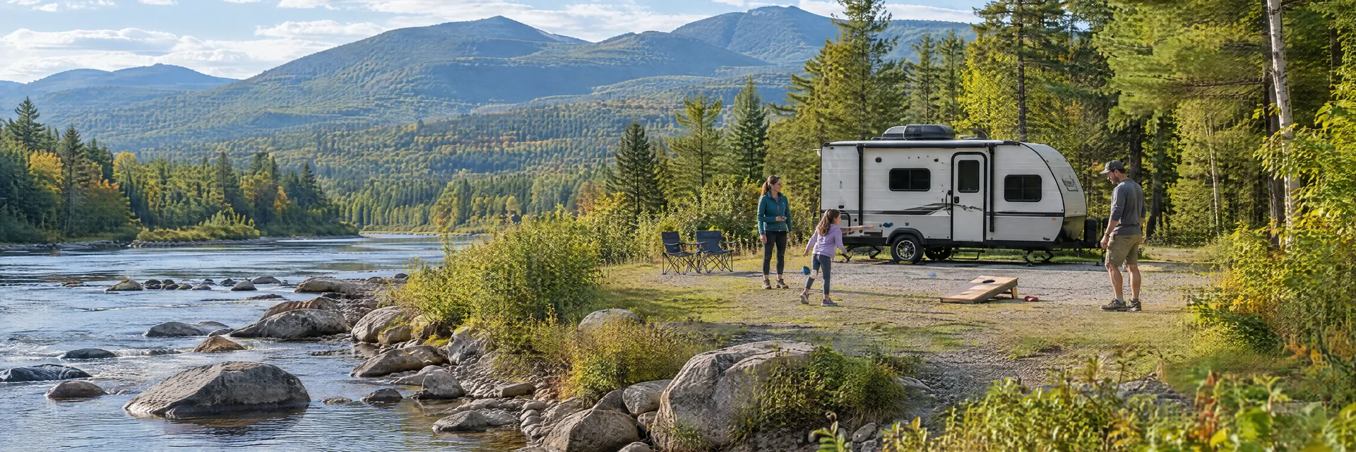 Illustration of campers enjoying family campsite activities beside a compact travel trailer in a fictional camping setting inspired by Woodstock, NH.