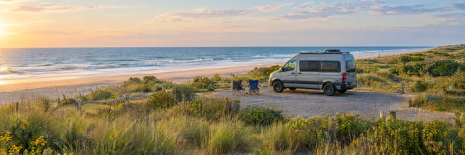Illustration of a camper van at a fictional camping setting inspired by Cape May, NJ.