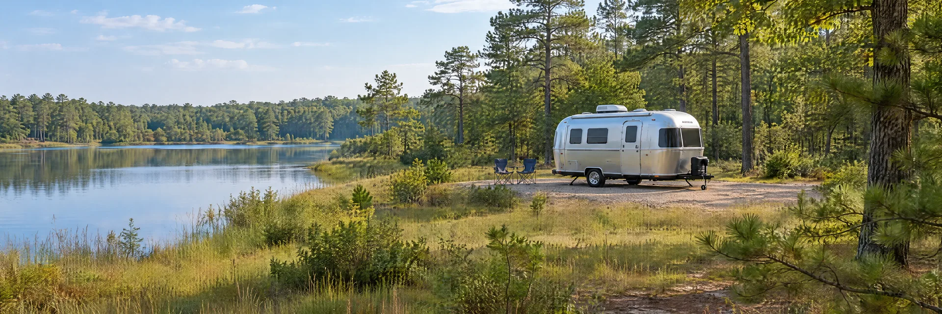 Illustration of a rounded silver travel trailer at a fictional camping setting inspired by Williamstown, NJ.