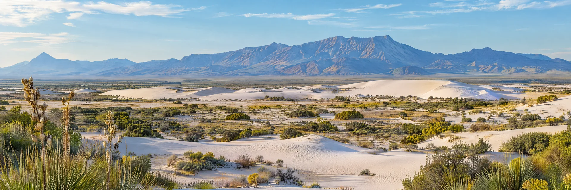 Illustration inspired by Alamogordo, NM: new Mexico desert basin with pale gypsum dunes and distant mountains, no exact viewpoint.
