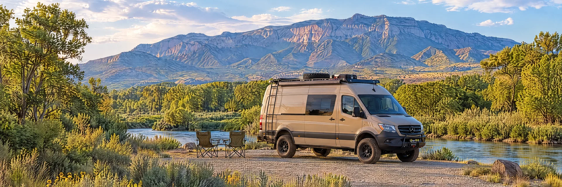 Illustration of a sand-colored rugged campervan at a fictional camping setting inspired by Albuquerque, NM.