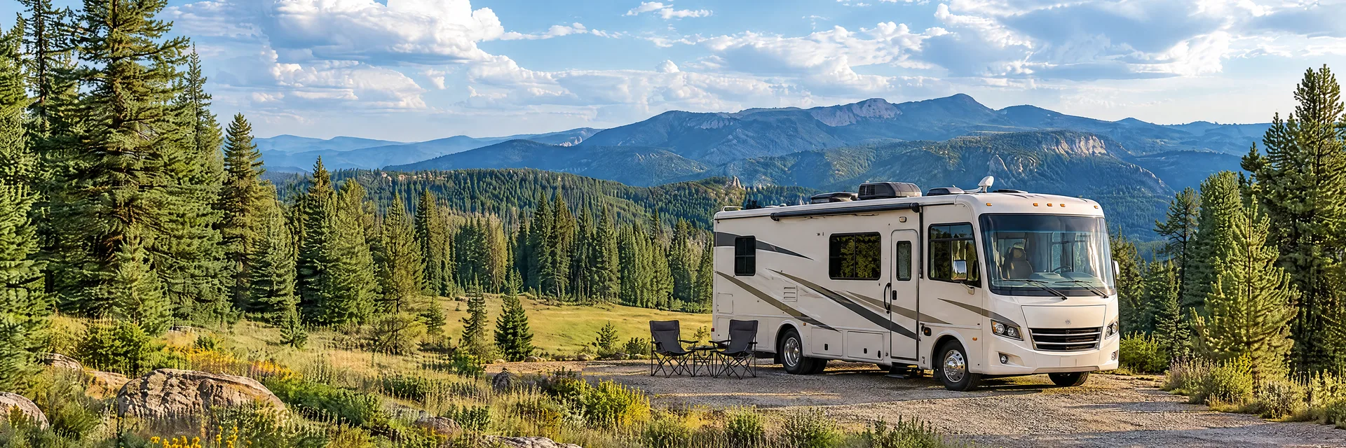 Illustration of a cream Class A motorhome with restrained charcoal trim at a fictional camping setting inspired by Cloudcroft, NM.