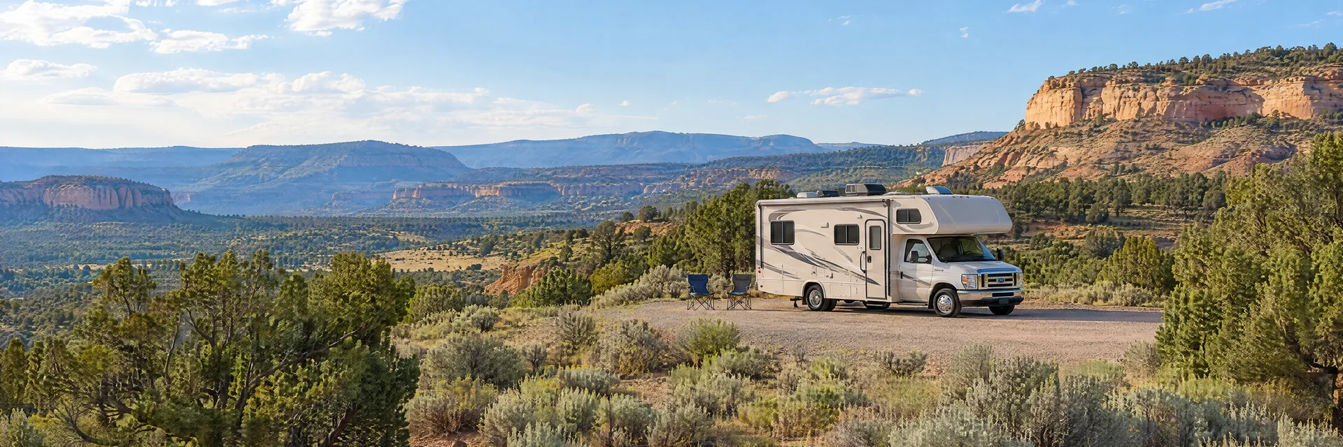 Illustration of a Class C motorhome at a fictional camping setting inspired by Cuba, NM.