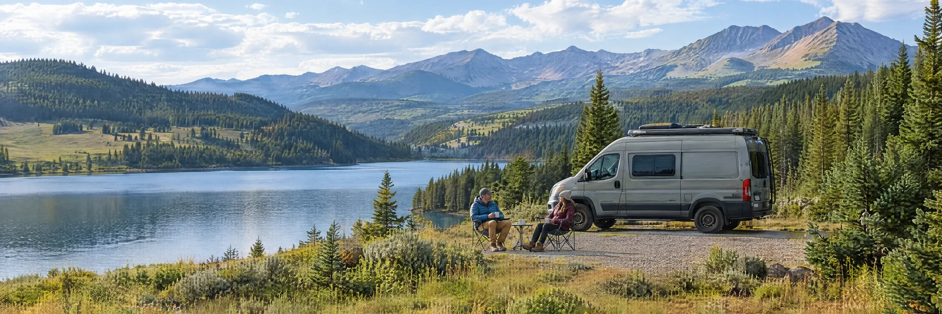 Illustration of campers enjoying morning coffee beside a camper van in a fictional camping setting inspired by Eagle Nest, NM.