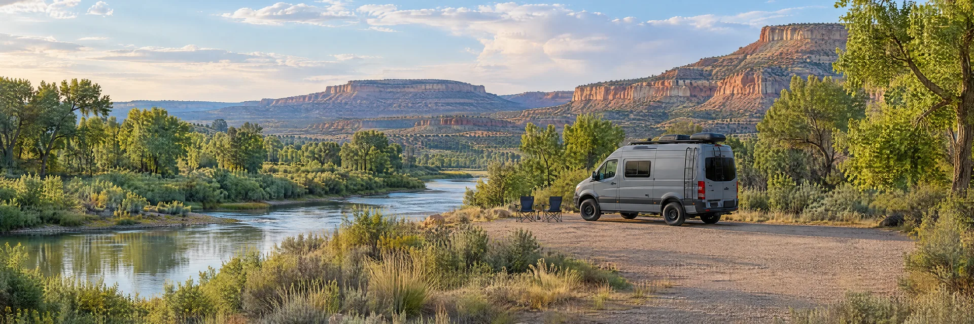 Illustration of a camper van at a fictional camping setting inspired by Farmington, NM.