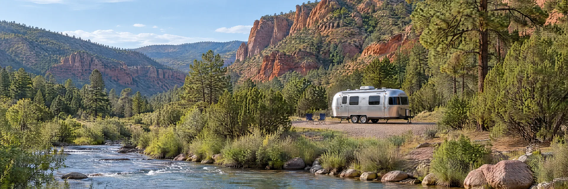 Illustration of a rounded silver travel trailer at a fictional camping setting inspired by Jemez Springs, NM.