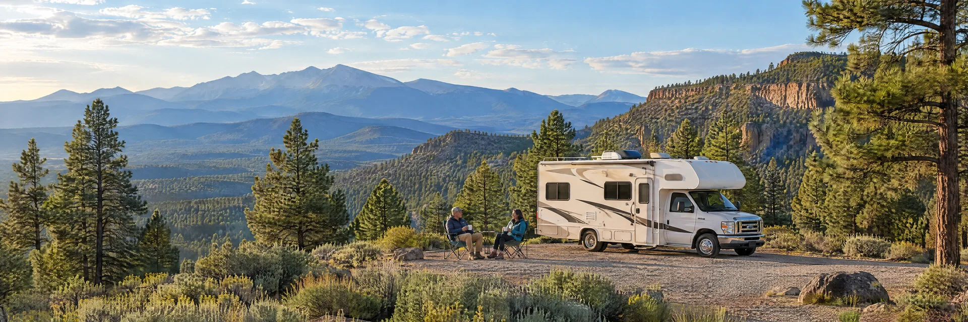 Illustration of campers enjoying morning coffee beside a Class C motorhome in a fictional camping setting inspired by Los Alamos, NM.