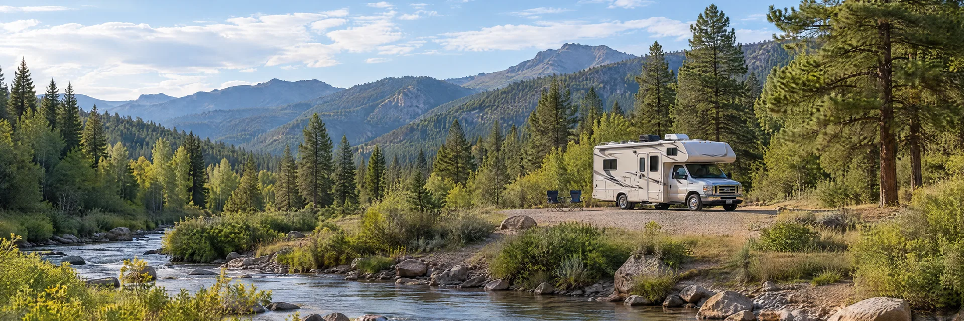 Illustration of a Class C motorhome at a fictional camping setting inspired by Pecos, NM.