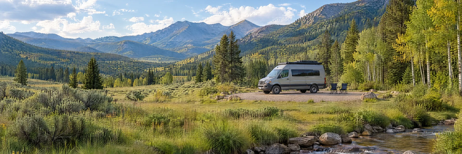 Illustration of a camper van at a fictional camping setting inspired by Red River, NM.