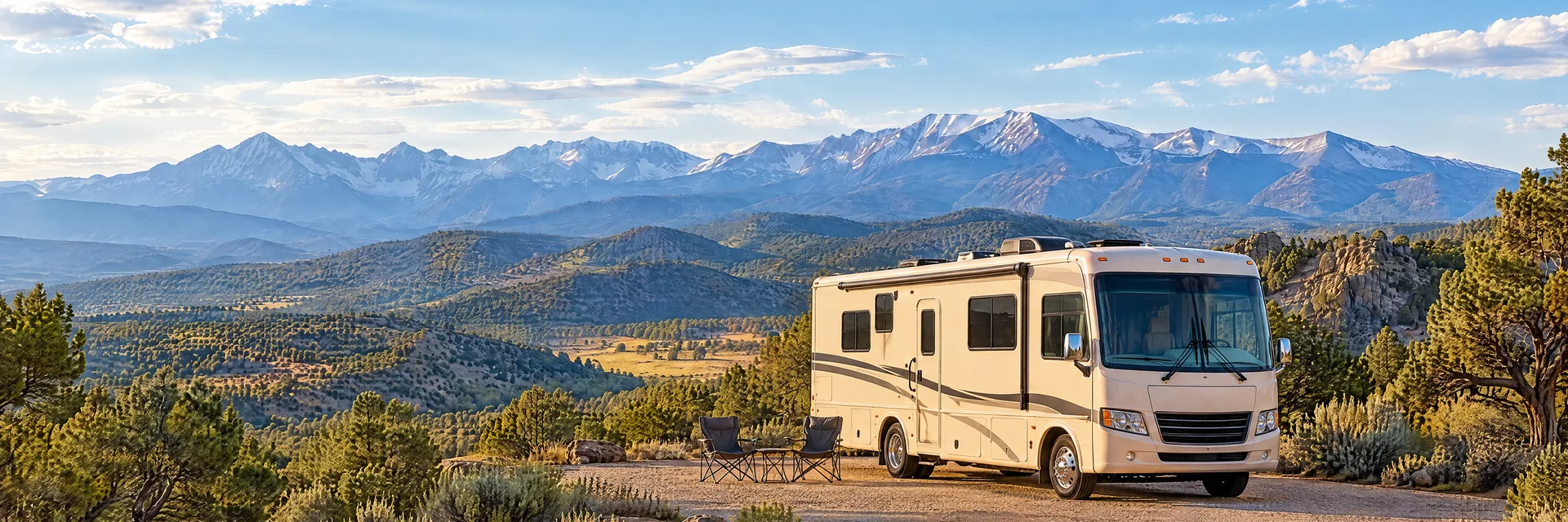 Illustration of a cream Class A motorhome with restrained charcoal trim at a fictional camping setting inspired by Santa Fe, NM.