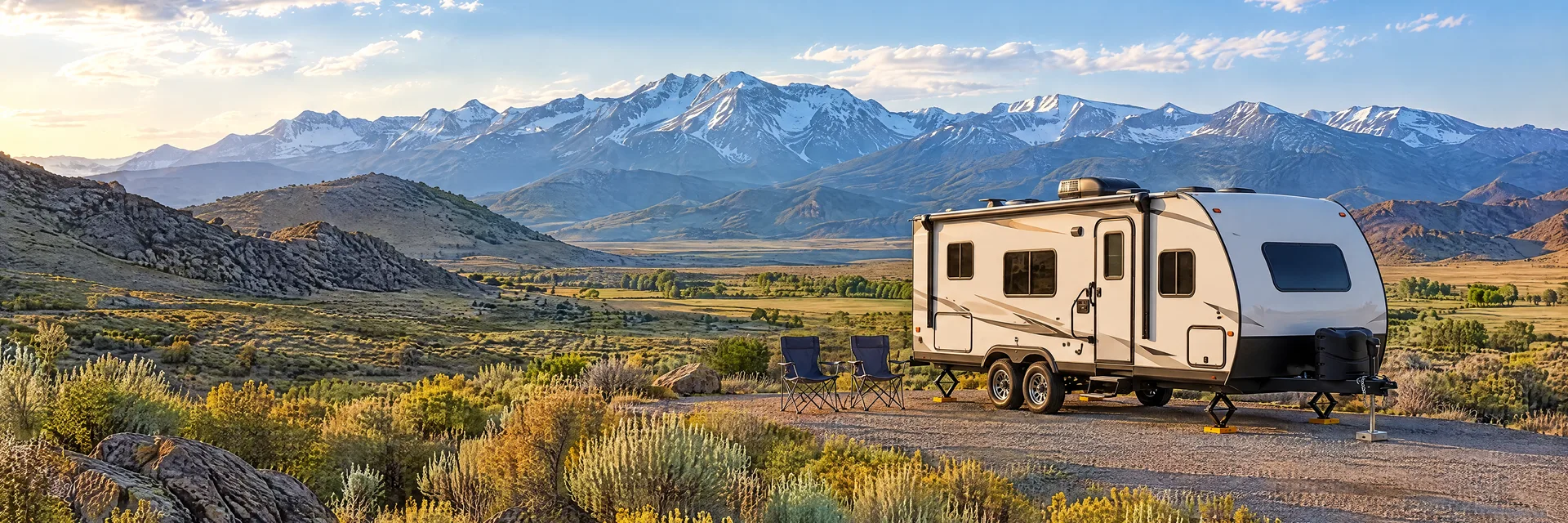 Illustration of a ivory tandem-axle travel trailer with visible hitch and stabilizers at a fictional camping setting inspired by Carson City, NV.