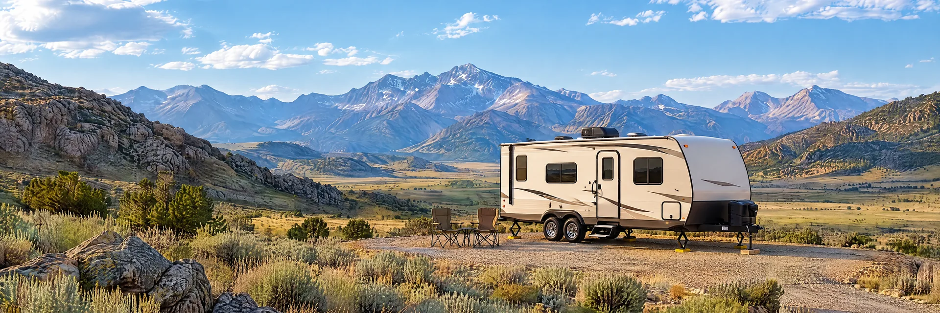 Illustration of a ivory tandem-axle travel trailer with visible hitch and stabilizers at a fictional camping setting inspired by Ely, NV.