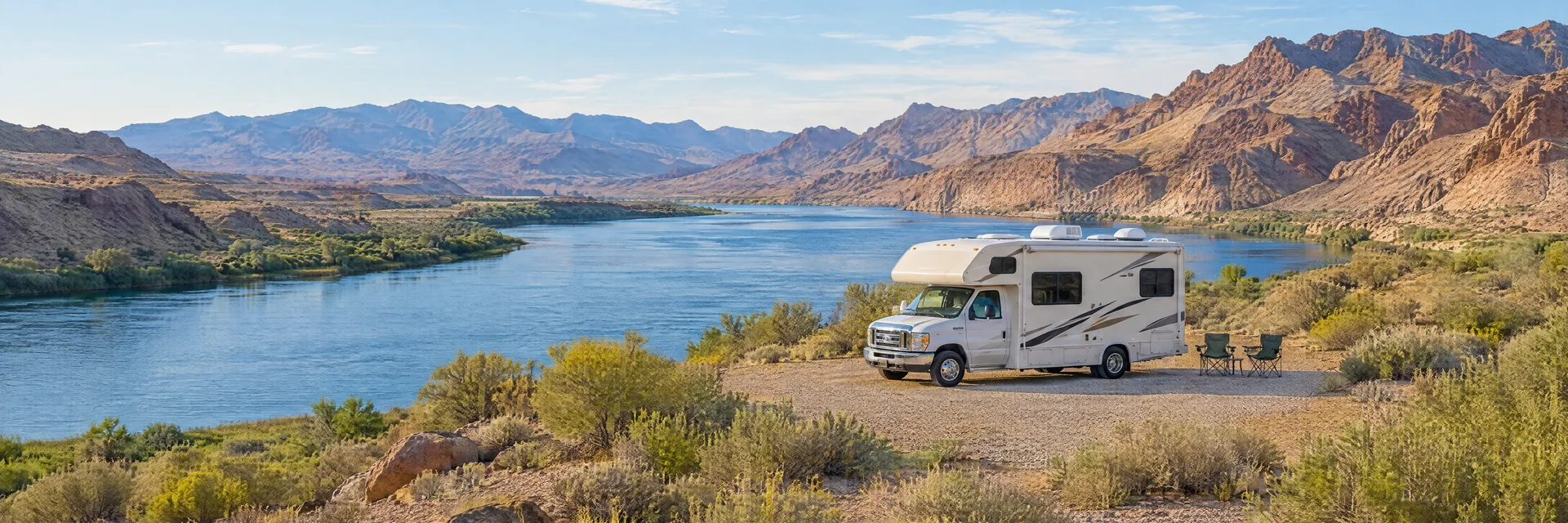 Illustration of a Class C motorhome at a fictional camping setting inspired by Laughlin, NV.