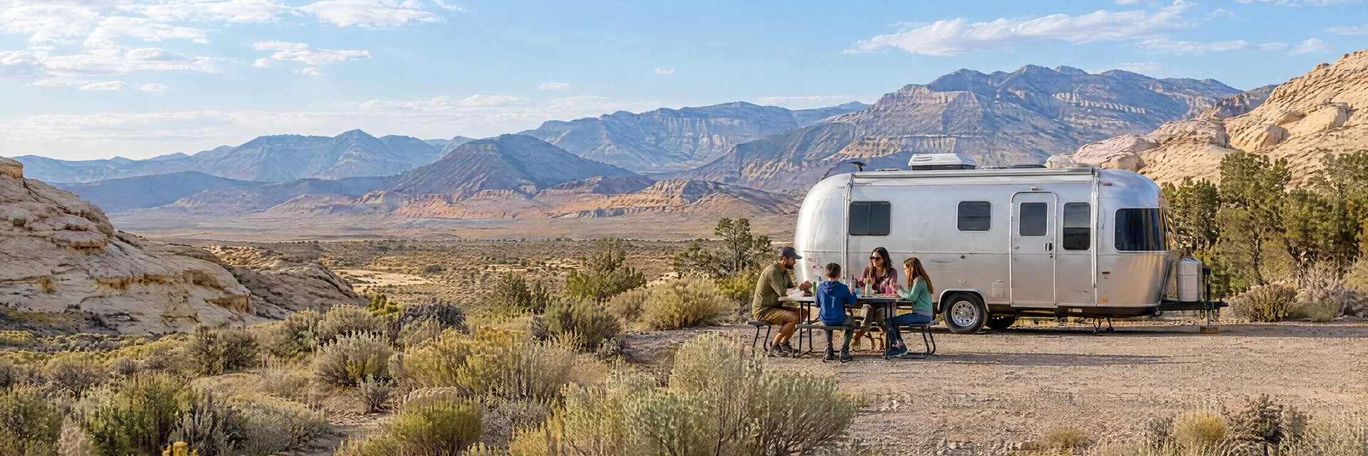 Illustration of campers enjoying a family picnic beside a rounded silver travel trailer in a fictional camping setting inspired by Mesquite, NV.