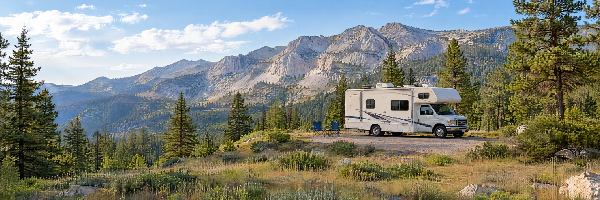 Illustration of a Class C motorhome at a fictional camping setting inspired by Mount Charleston, NV.