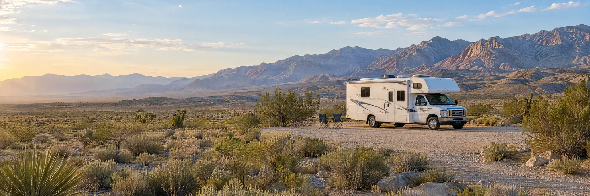 Illustration of a Class C motorhome at a fictional camping setting inspired by Pahrump, NV.