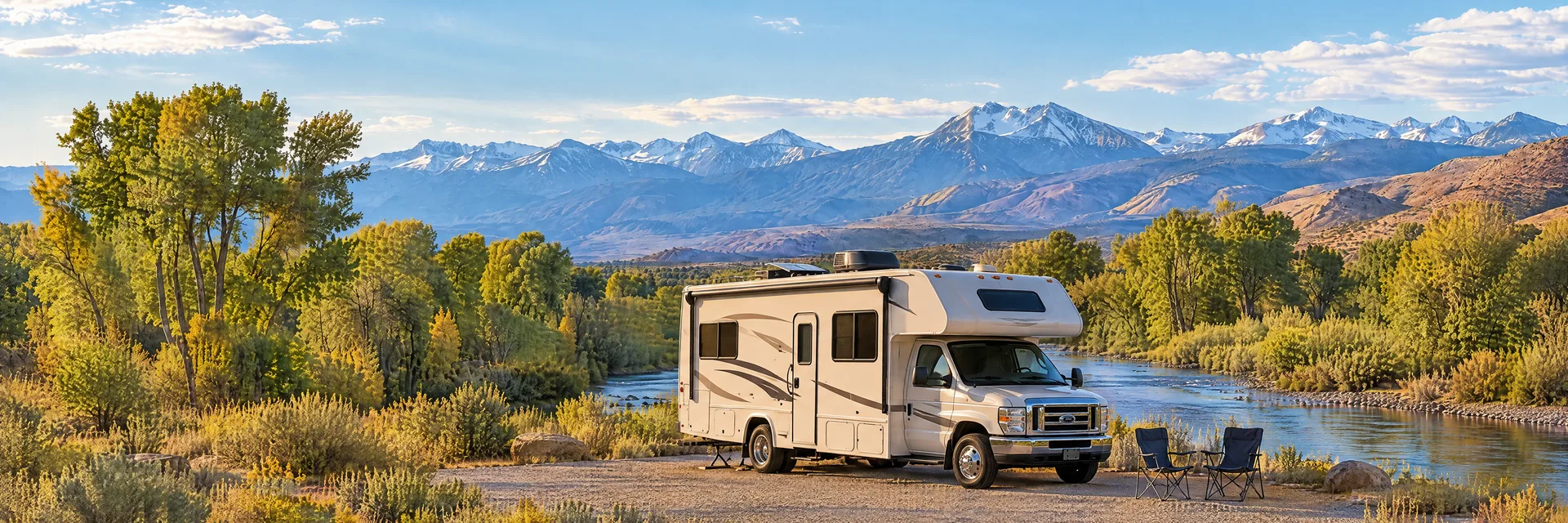 Illustration of a cream Class C motorhome with a modest overcab bunk at a fictional camping setting inspired by Reno, NV.