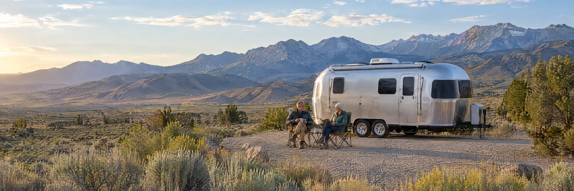 Illustration of campers enjoying relaxing at camp beside a rounded silver travel trailer in a fictional camping setting inspired by Wells, NV.
