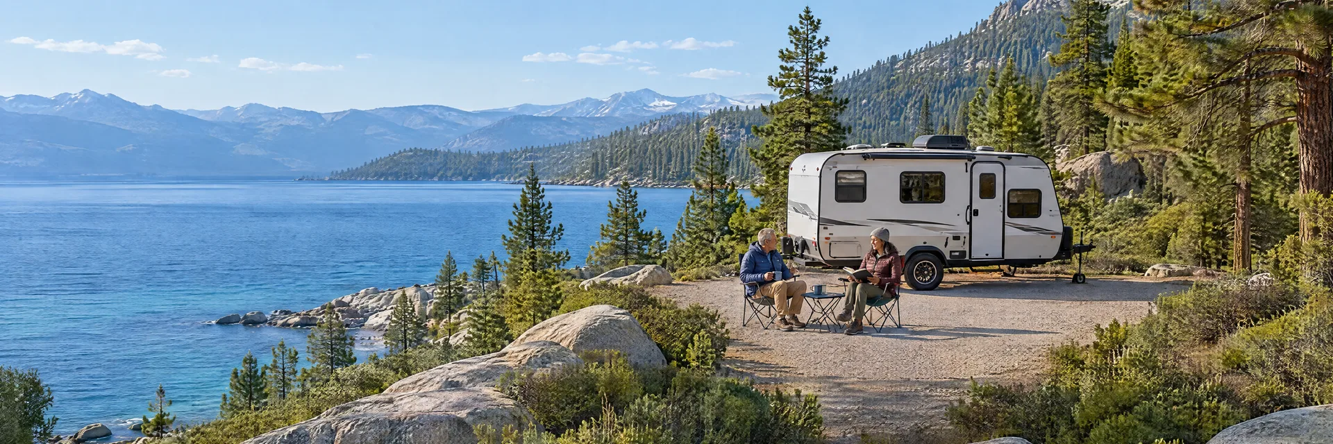 Illustration of campers enjoying relaxing at camp beside a compact travel trailer in a fictional camping setting inspired by Zephyr Cove, NV.