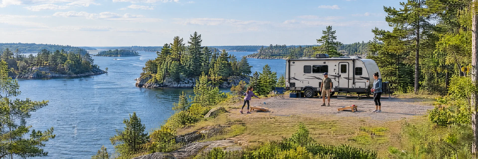 Illustration of campers enjoying family campsite activities beside a compact travel trailer in a fictional camping setting inspired by ALEXANDRIA BAY, NY.