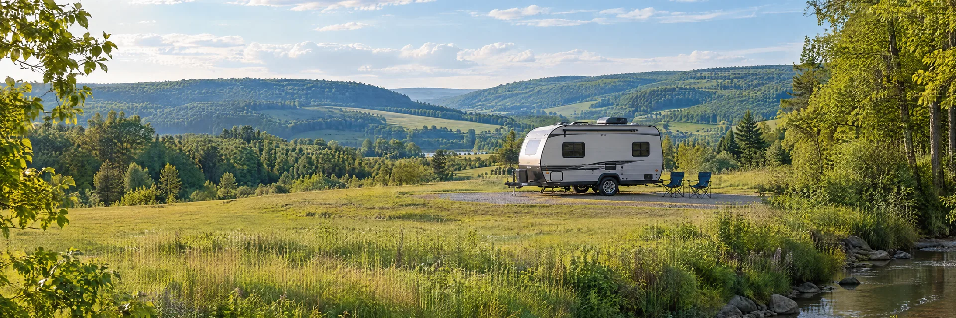 Illustration of a compact travel trailer at a fictional camping setting inspired by Bath, NY.