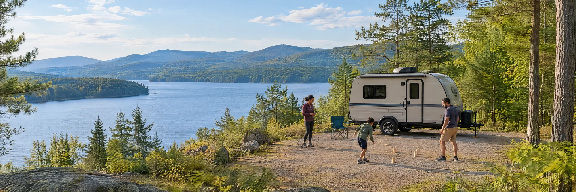 Illustration of campers enjoying family campsite activities beside a compact travel trailer in a fictional camping setting inspired by CAROGA LAKE, NY.