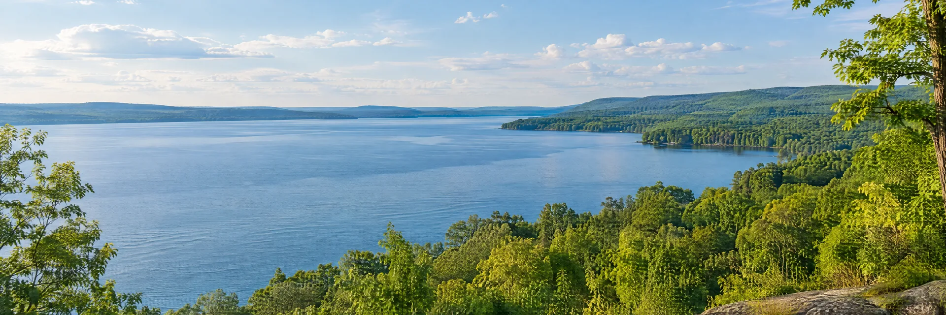 Illustration inspired by Chautauqua, NY: western New York broad freshwater lake, hardwood trees and rolling green hills.