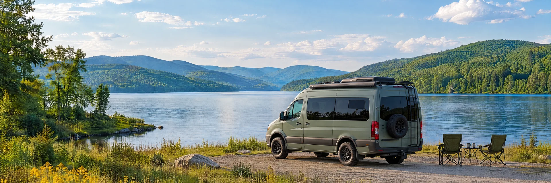 Illustration of a sage-green modern campervan at a fictional camping setting inspired by COOPERSTOWN, NY.