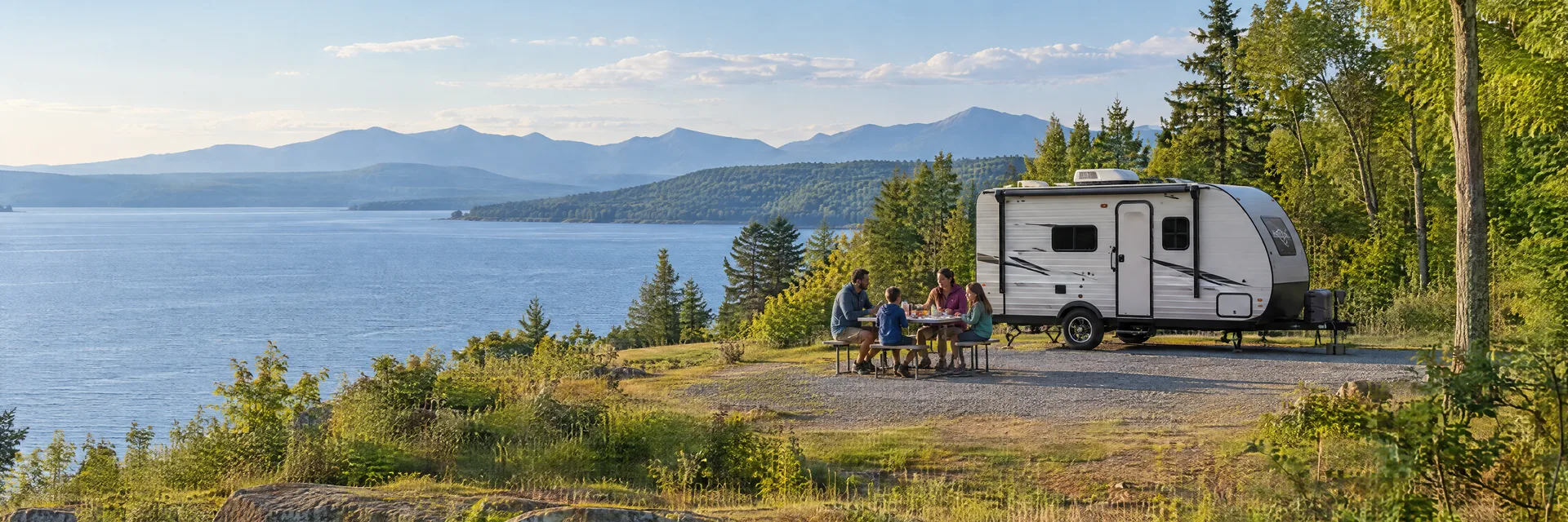 Illustration of campers enjoying a family picnic beside a compact travel trailer in a fictional camping setting inspired by CROWN POINT, NY.